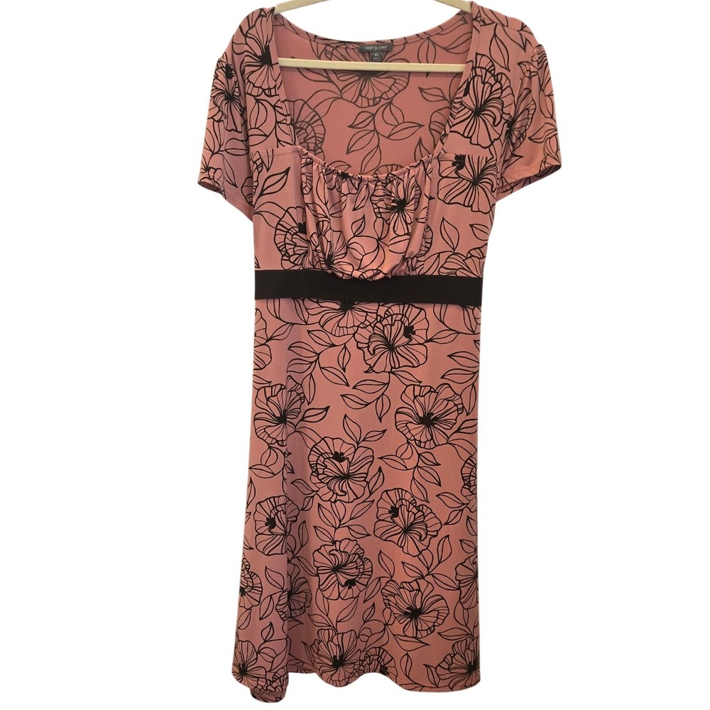 Y2K Apt 9 Floral Dress Short Sleeve Empire Waist Tie Back Pink Scoop Midi XL